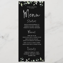 Menú Boda de verde de caligrafía negra y plateada