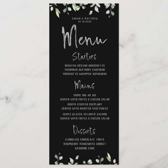 Menú Boda de verde de caligrafía negra y plateada (Anverso)