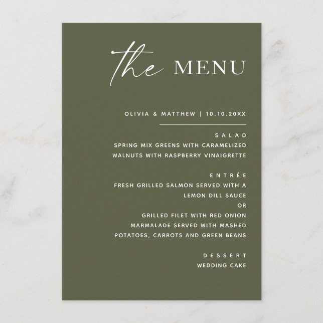 Menú Boda de Verde Oliva Silenciado | Minimalista Moder (Anverso)