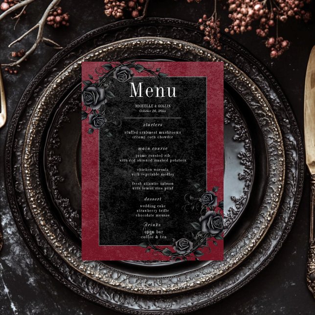 Menú Boda de vino negro gótico cuervo y rosas negras (Subido por el creador)