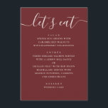 Menú Boda de vino tinto profundo | Tarde moderna románt<br><div class="desc">Esta tarjeta de menú de boda presenta un diseño limpio y moderno con un título en letra script y platos organizados de manera ordenada, lo que facilita a los invitados leer de un vistazo. Cada sección está claramente estructurada, manteniendo el diseño minimalista mientras destaca el menú completo de una manera...</div>