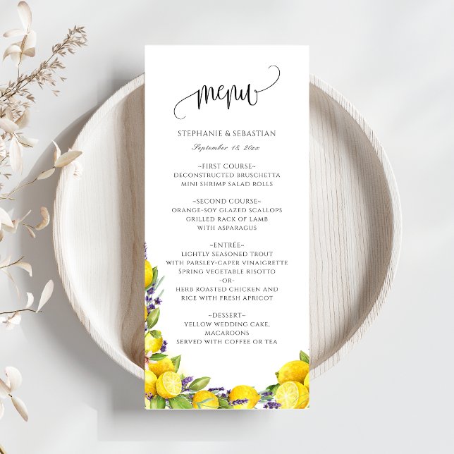 Menú Boda de Watercolor Lemon Lavender Boho (Watercolor Lemon Lavender Boho Wedding Menu)