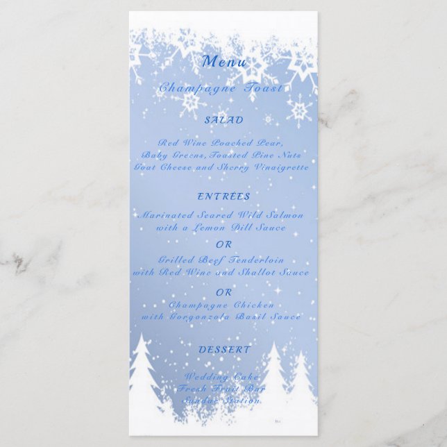Menú Boda de Winter Wonderland, Nieve, Navidad Fiesta, (Anverso)