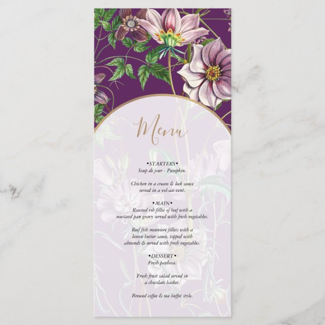 Menú Boda del Arco de Oro Purple Floral Greenery (Anverso)