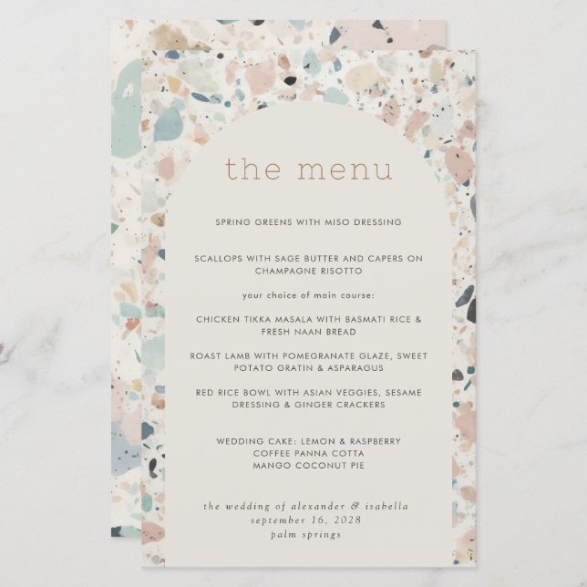 Menú Boda del arco del patrón Terrazzo Pastel (Anverso / Reverso)