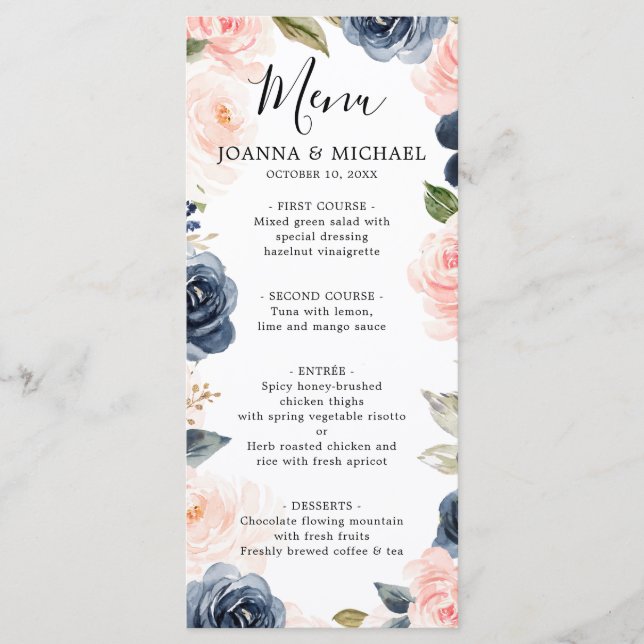 Menú Boda del Boho rosa rosa azul marino Rubor (Anverso)