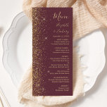 Menú Boda del Borgoña Purpurina dorado moderno oscuro<br><div class="desc">El lado izquierdo de este elegante y moderno menú boda presenta un diseño purpurina de imitación dorada. El texto del personalizable combina la escritura a mano de color dorado pálido, el copperplate y las letras cursivas en un fondo burdeos oscuro. En el reverso se aprecia un diseño burdeos y purpurina...</div>