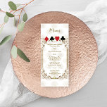 Menú Boda del Casino Glam Gold White Art Deco<br><div class="desc">Único Casino Royale, diseño de tarjetas temáticas art deco. Presenta un estilo Art Déco vintage, un viejo marco de Hollywood Roaring de los años 20 con el falso Relieve metalizado de oro Fleur-de-lis, jugando a juego de cartas con el fondo negro dorado del patrón Art Deco. En la parte trasera...</div>