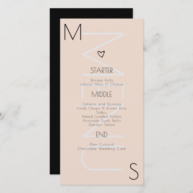 Menú Boda del corazón monogramado (Anverso / Reverso)