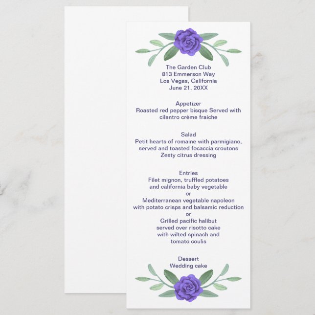 Menú Boda del follaje floral morado azul (Anverso / Reverso)