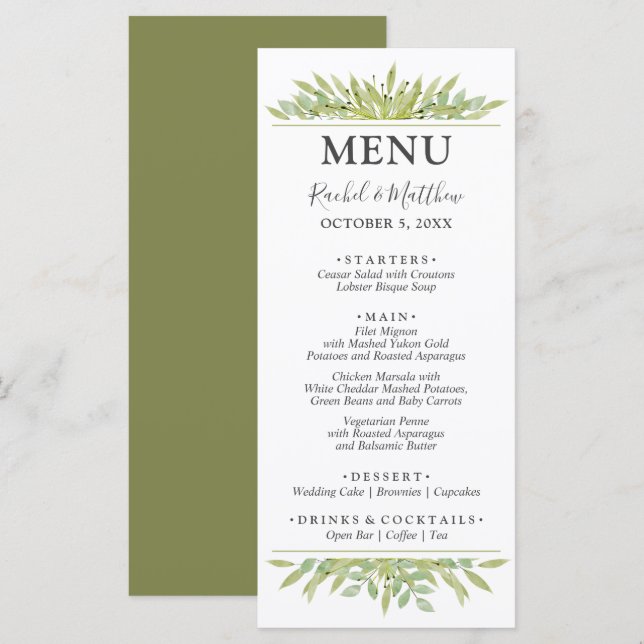 Menú Boda del follaje verde (Anverso / Reverso)