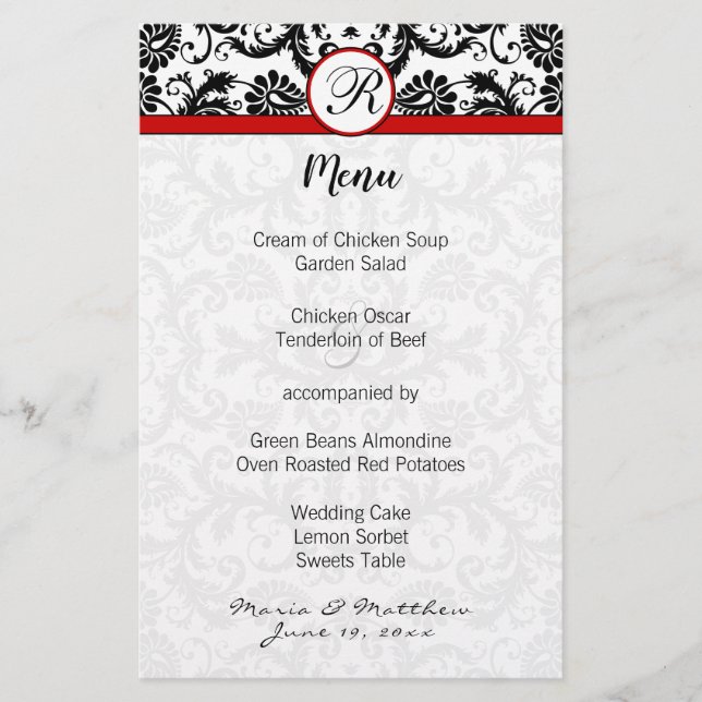 Menú Boda del guarnecido rojo de damasco negro (Anverso)