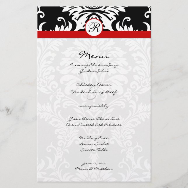 Menú Boda del guarnecido rojo de damasco negro (Anverso)