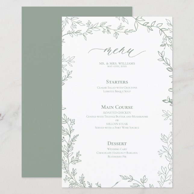 Menú Boda del marco de la hoja verde de salvia (Anverso / Reverso)