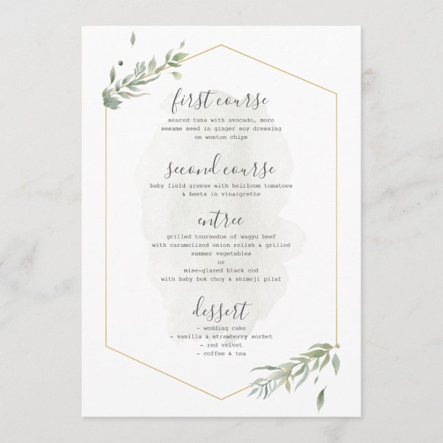 Menú Boda del marco dorado del follaje verde moder (Anverso)