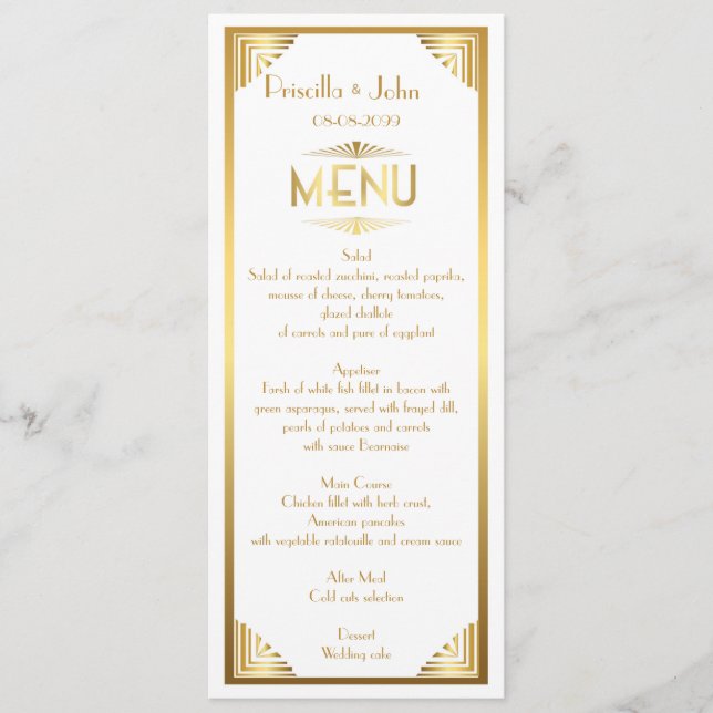 Menú Boda del menú, reunión del menú, gran Gatsby, (Anverso)