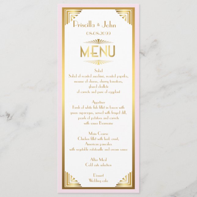 Menú Boda del menú, reunión del menú, gran Gatsby, blan (Anverso)
