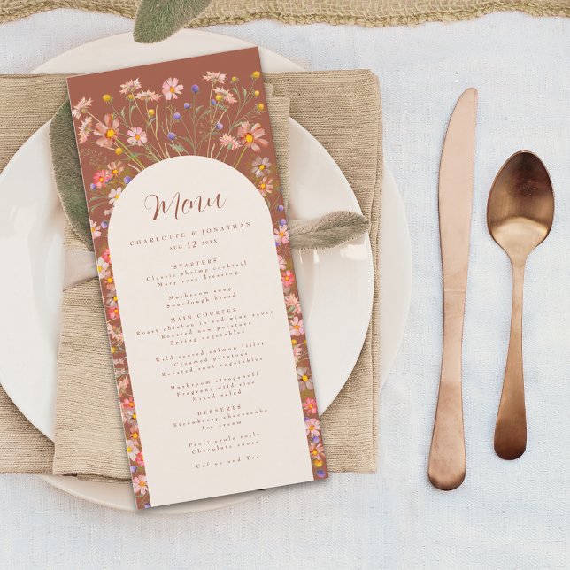 Menú Boda del Naranja de la Quema de la Caída del Arco  (Boho fall rustic Wildflower floral arch burnt orange & beige Wedding menu elegant script watercolor)