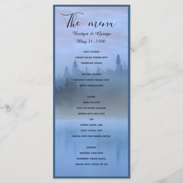 Menú boda del paisaje forestal azul polvoriento (Anverso)