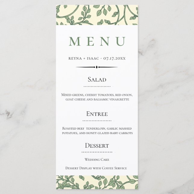 Menú Boda del patrón inglés de marfil verde (Anverso)