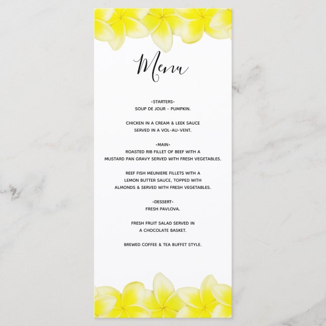 Menú Boda del Plumeria Frangipani amarillo (Anverso)