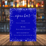 Menú boda del purpurina azul real de plata<br><div class="desc">Un fondo azul real. Decorado con purpurinas de plata falsa,  chispas. Con el texto: Abrir barra. Personalice y agregue el menú de la barra. Texto blanco.</div>
