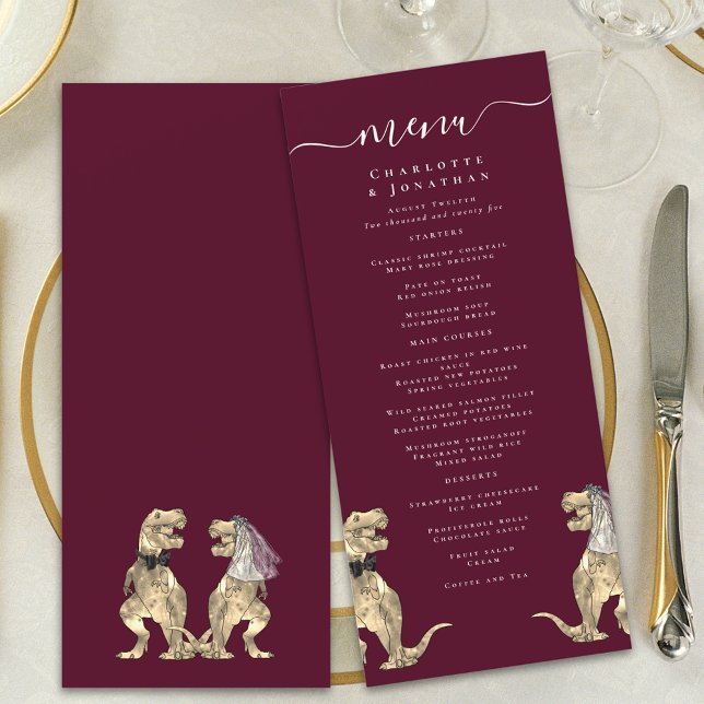 Menú Boda del tema de los dinosaurios Borgoña y Crema (Dinosaur destination wedding menu burgundy & cream modern elegant script T-Rex din bride & groom)
