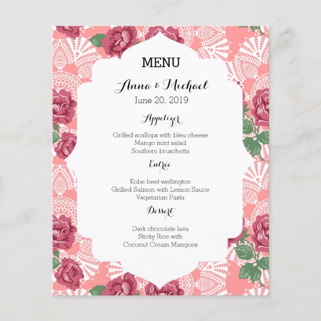 Menú boda Delicado Rosa y encaje de Moda de país (Anverso)