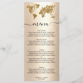 Menú Boda Destino Purpurina Oro Corazón del Mapa Mundia