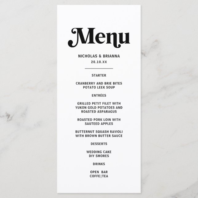 Menú Boda Disco Retro en Blanco y Negro (Anverso)