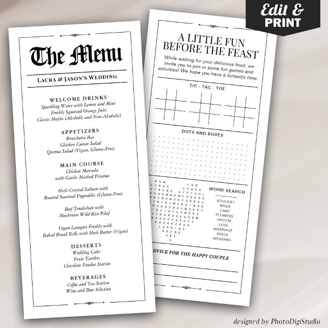 Menú Boda divertido con periódico Juegos Bodas (Fun Wedding Menu with Wedding Games Newspaper, Black and White Menu for Wedding)