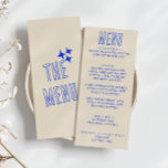 Menú Boda divertido moderno de negrita con retro azul c<br><div class="desc">Un colorido menú retro funky y moderno para la cena boda Periwinkle. Que presenta el diseño de plantillas de moda de fondo de crema boho beige vintage y tipografía azul y menú escrito a mano en azul. Y fondo brillante. Perfecto y a juego con la suite.</div>