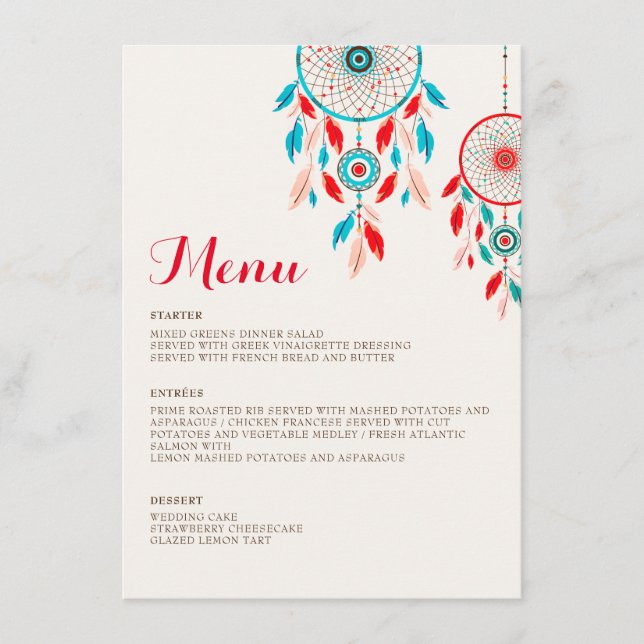Menú Boda Dreamcatcher de la pluma Tribal Boho (Anverso)