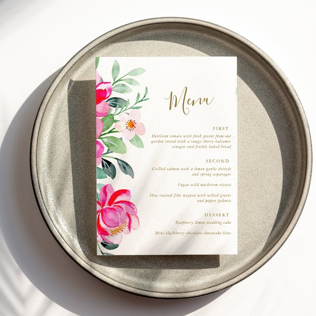 Menú Boda editable floral de acuarela rosa brillante (Subido por el creador)