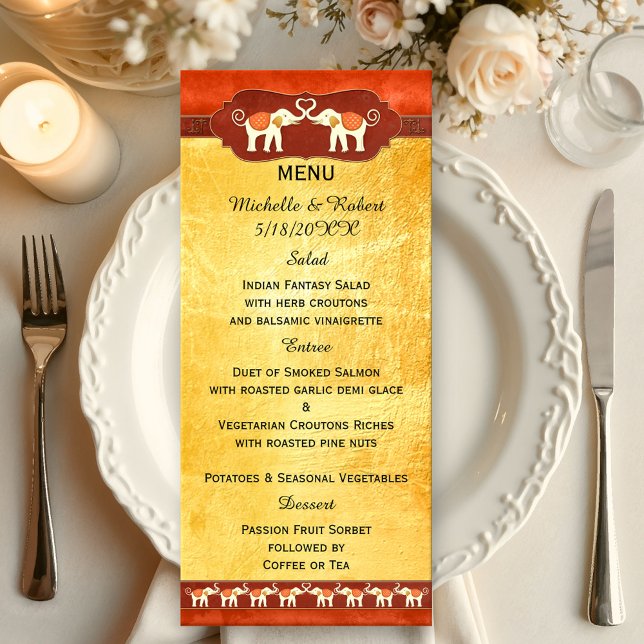 Menú Boda Elefantes Románticos (Wedding menu featuring two ivory colored elephants in love with their tribes cheering them on)