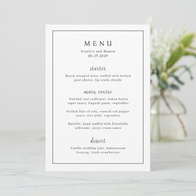 Menú Boda elegante atemporal en blanco y negro (Anverso de pie)