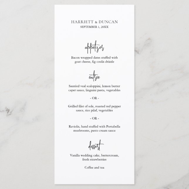 Menú Boda elegante atemporal en blanco y negro (Anverso)