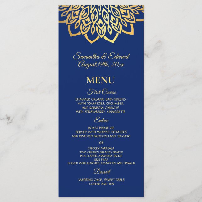 Menú Boda elegante azul de la marina de oro (Anverso)