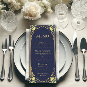 Menú Boda elegante azul marino vintage con dorado falso