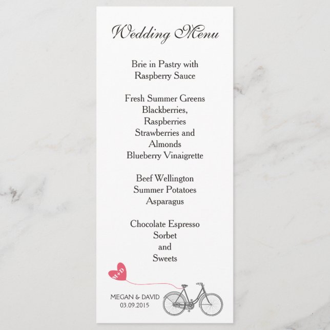 Menú boda elegante bicicleta romántica blanca (Anverso)