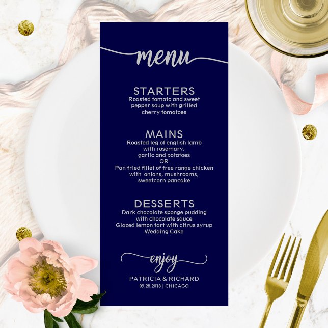 Menú boda Elegante caligrafía Marina Plata Azul (Subido por el creador)