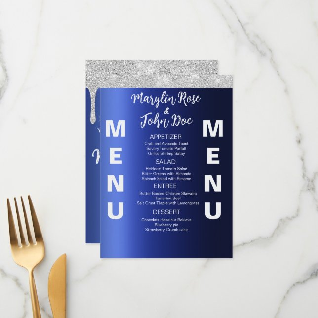 MENÚ BODA ELEGANTE CON DESTELLOS AZULES Y GOTEO (Anverso/Reverso In Situ)