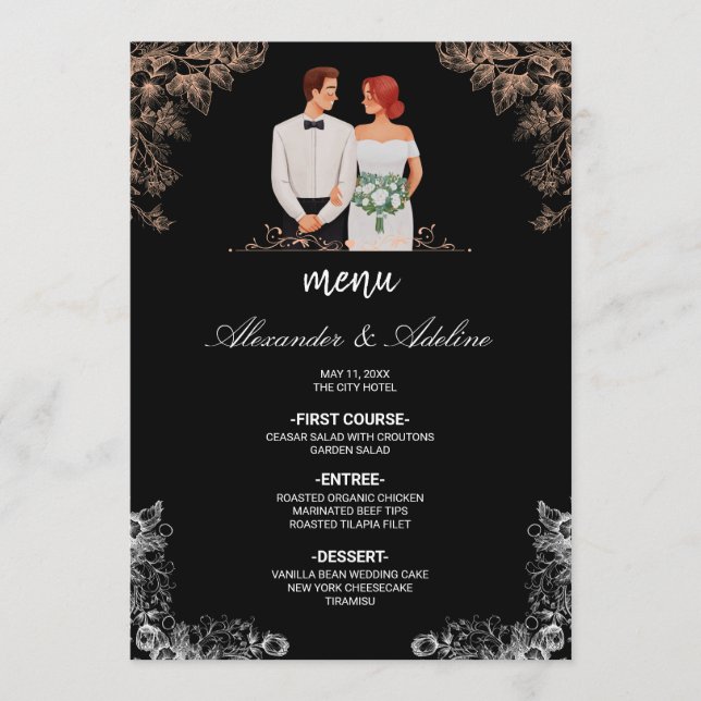 Menú Boda elegante con flores oscuras  (Anverso)