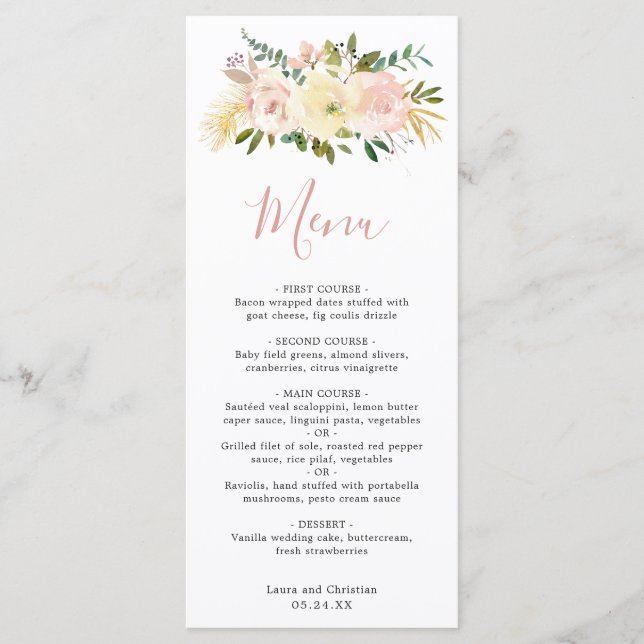 Menú Boda elegante con flores rosadas (Anverso)
