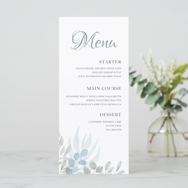 Menú Boda elegante con follaje de acuarela (Anverso de pie)