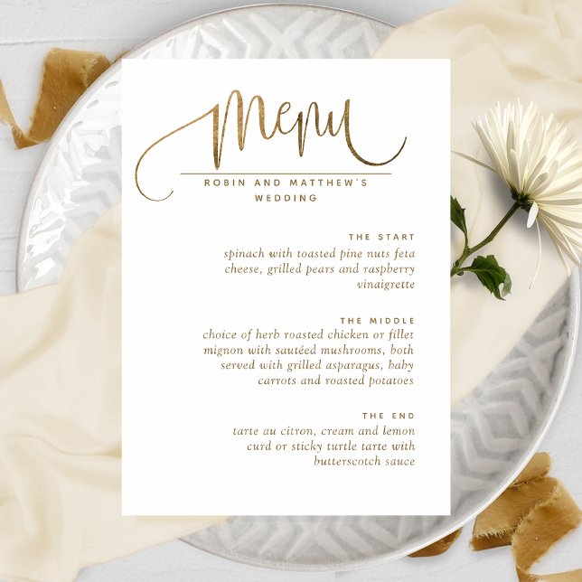 Menú Boda elegante con guiones, blanco y dorado (Subido por el creador)