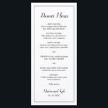 Menú Boda elegante con monograma clásico<br><div class="desc">Menú de boda moderno en negro y blanco minimalista con el encabezado y sus nombres en una elegante escritura junto con su menú rodeado por un borde delgado. La parte posterior tiene su monograma en la parte inferior. Las fuentes y el borde pueden cambiarse a cualquier color que desee haciendo...</div>