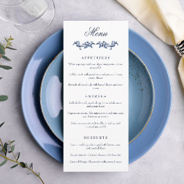 Menú Boda elegante con monograma de cresta vintage azul