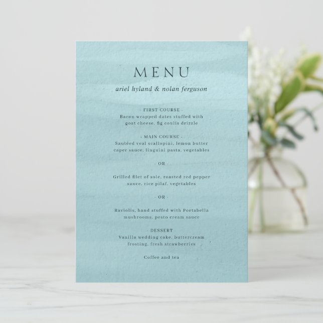 Menú Boda elegante de acuarela azul moderna (Anverso de pie)
