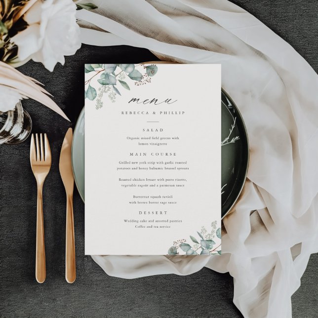 Menú Boda elegante de acuarela de eucalipto con vegetac (Elegant Eucalyptus Greenery Wedding Dinner Menus.)